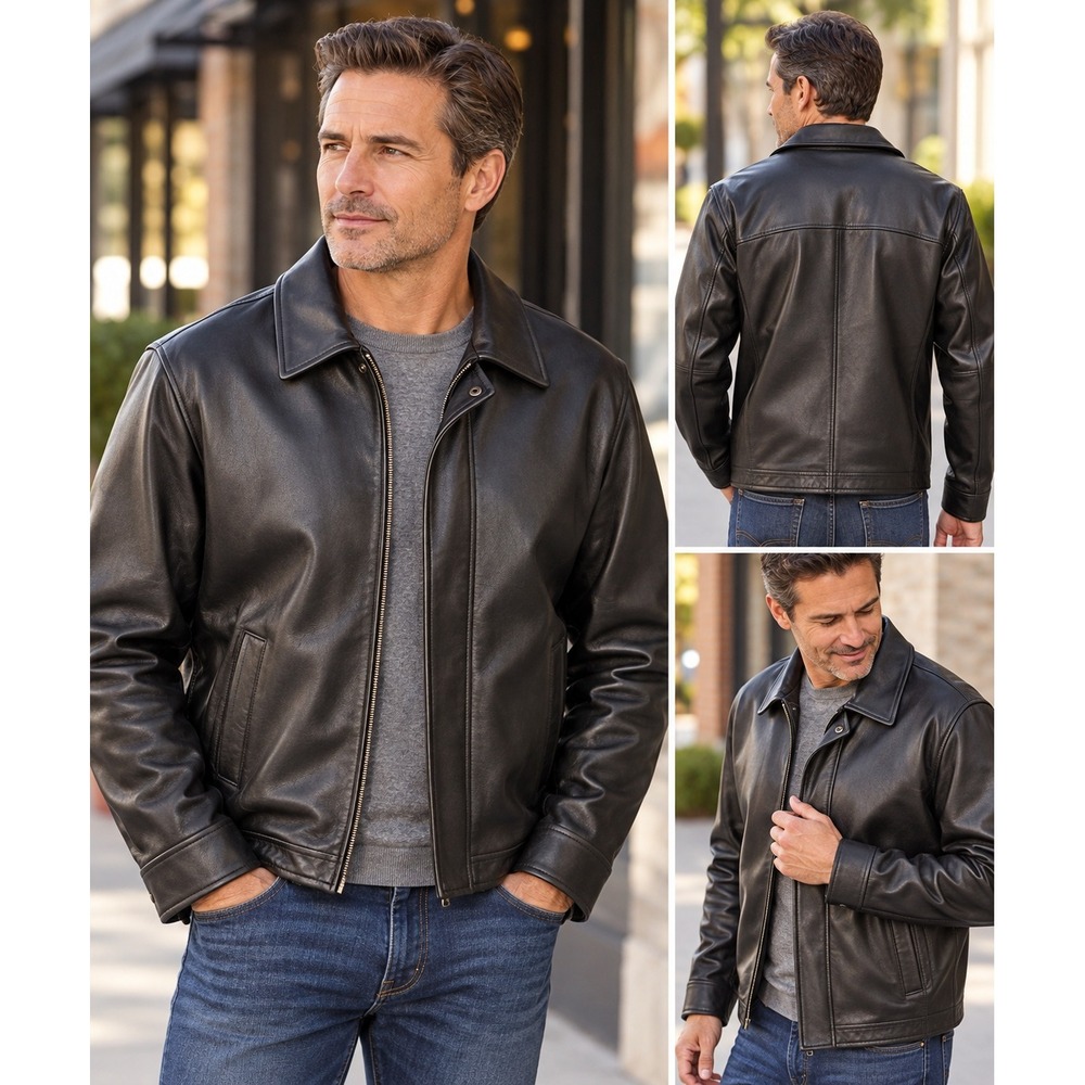 Jos A Bank Signature Collection Men's L Black Genuine Leather Jacket Full Zip